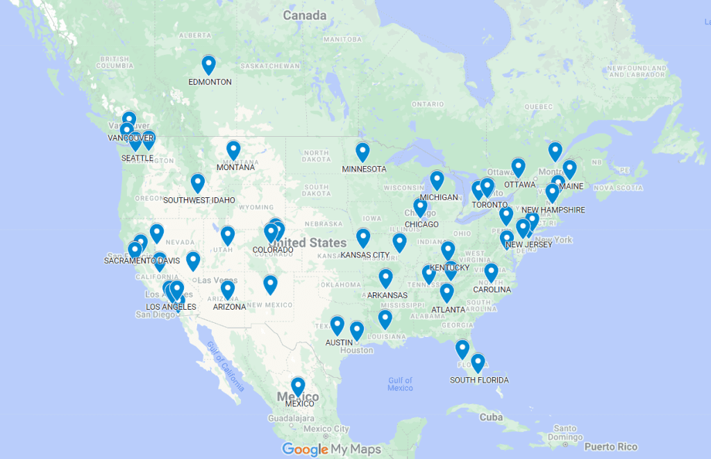 Map of North America with pins showing EFT locations